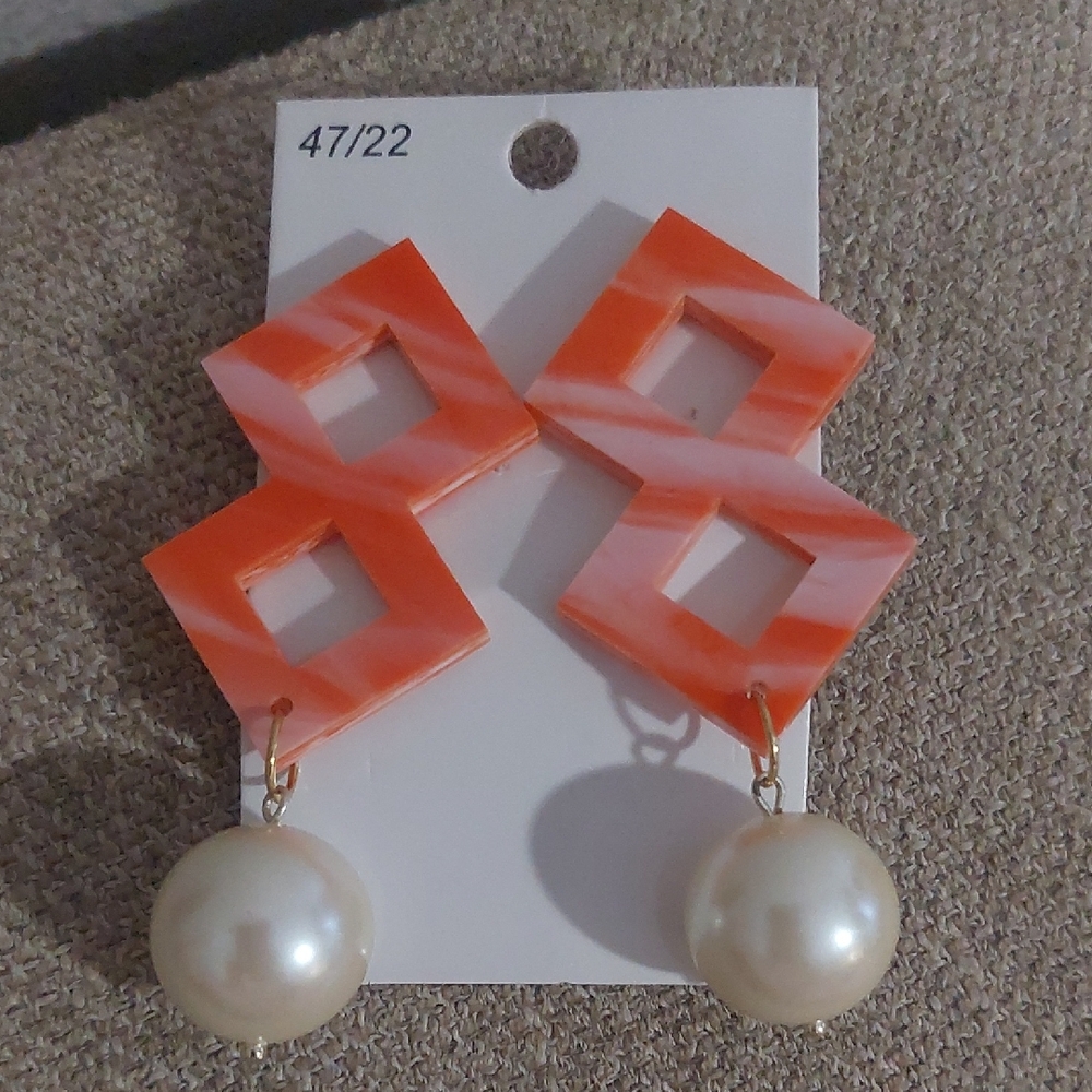 Geometric Orange and Pearl Drop Earrings
